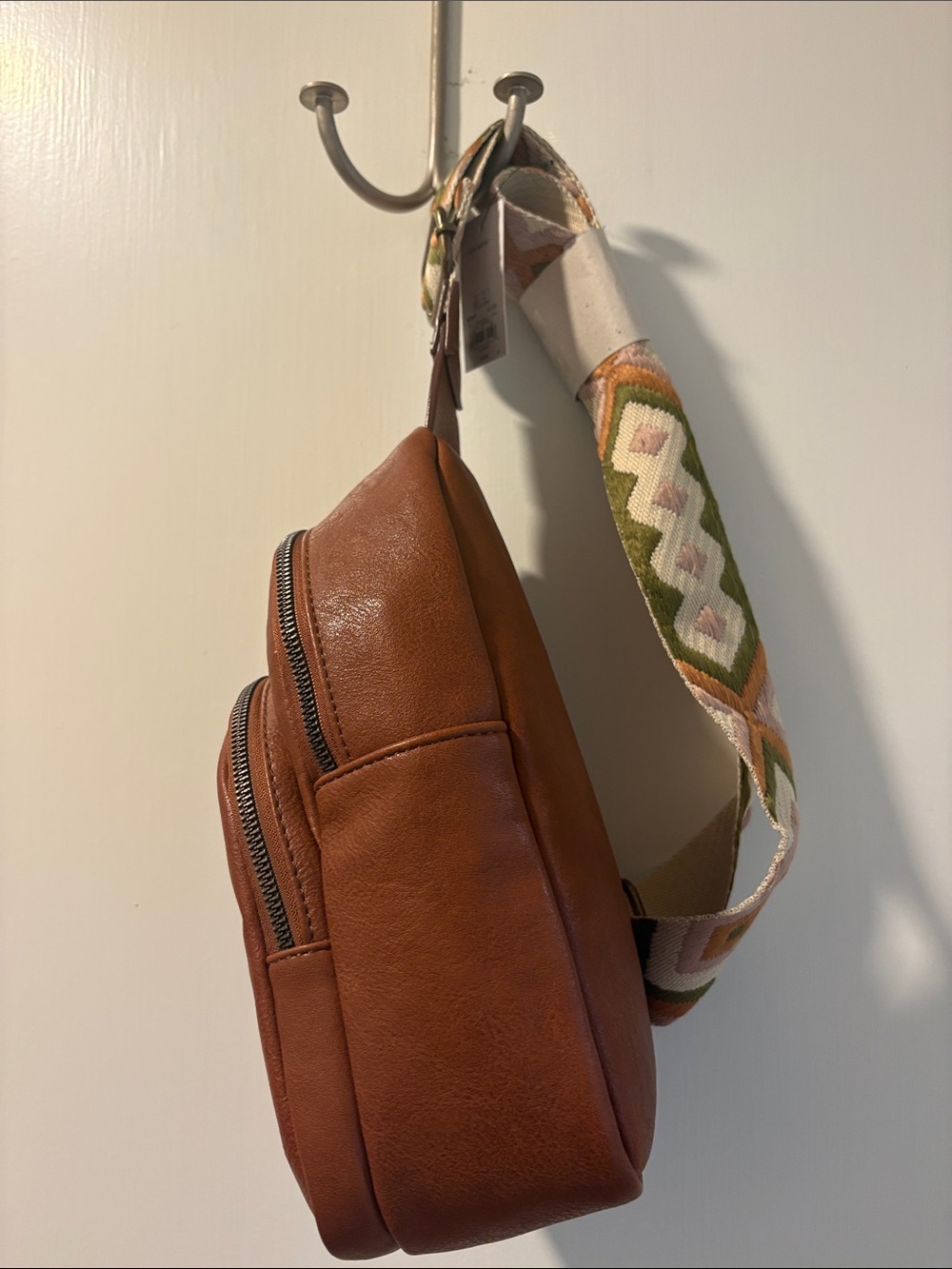 Sonoma Brown Vegan Leather Crossbody Sling with Patterned Green Strap